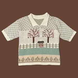 Vintage 90s Cottagecore Short‎ Sleeve Polo Knit Sweater Cream Tan - Size Medium
